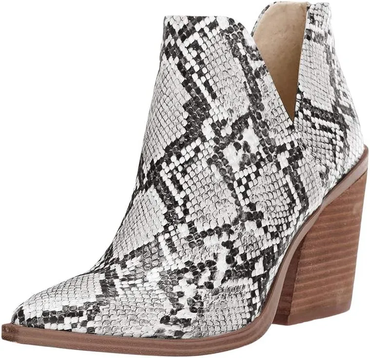 Kathemoi Womens Slip on Ankle Boots V Cutout Pointed Toe Chunky Stacked Mid Heel Booties