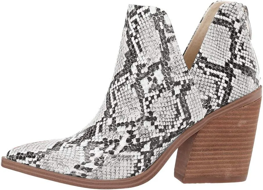 Kathemoi Womens Slip on Ankle Boots V Cutout Pointed Toe Chunky Stacked Mid Heel Booties