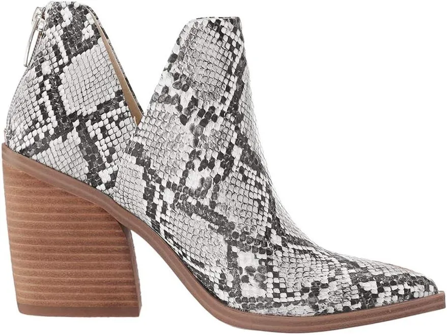 Kathemoi Womens Slip on Ankle Boots V Cutout Pointed Toe Chunky Stacked Mid Heel Booties
