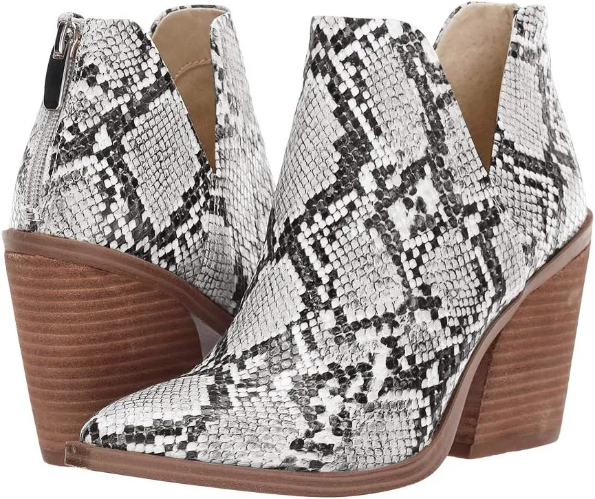 Kathemoi Womens Slip on Ankle Boots V Cutout Pointed Toe Chunky Stacked Mid Heel Booties