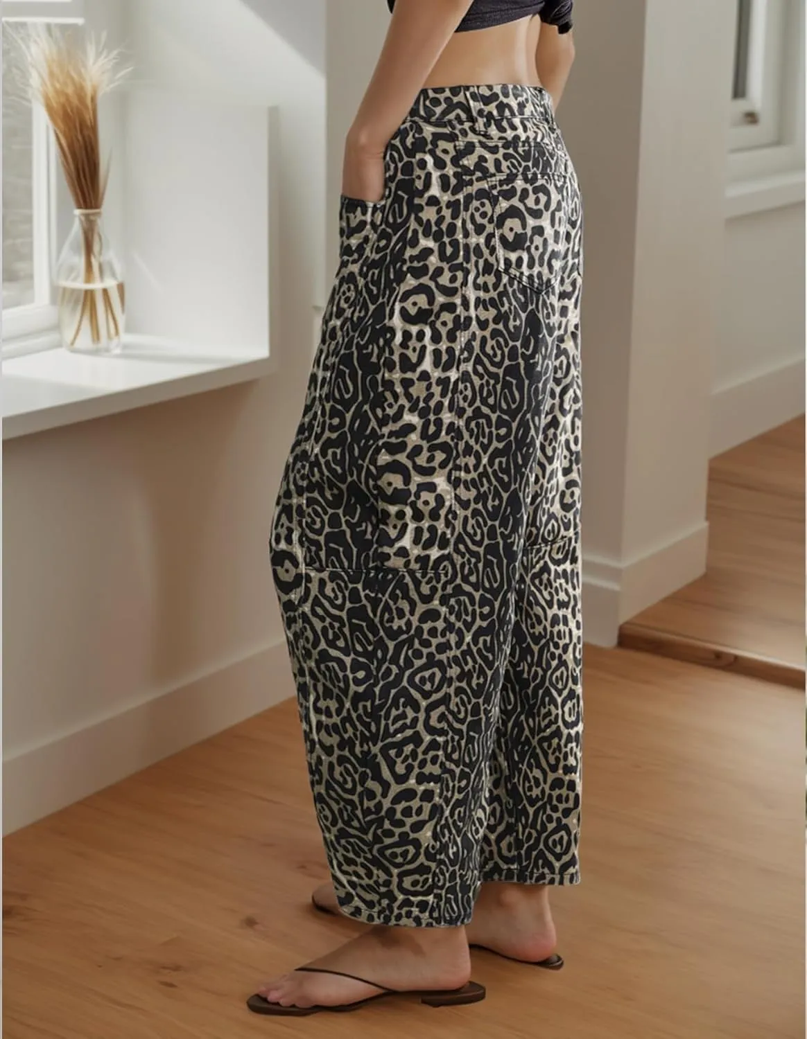 Kedera Women's Baggy Barrel Jeans Casual Boyfriend Mid Rise Leopard Printed Wide Leg Denim Ankle Pants