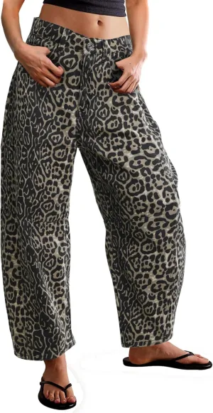Kedera Women's Baggy Barrel Jeans Casual Boyfriend Mid Rise Leopard Printed Wide Leg Denim Ankle Pants