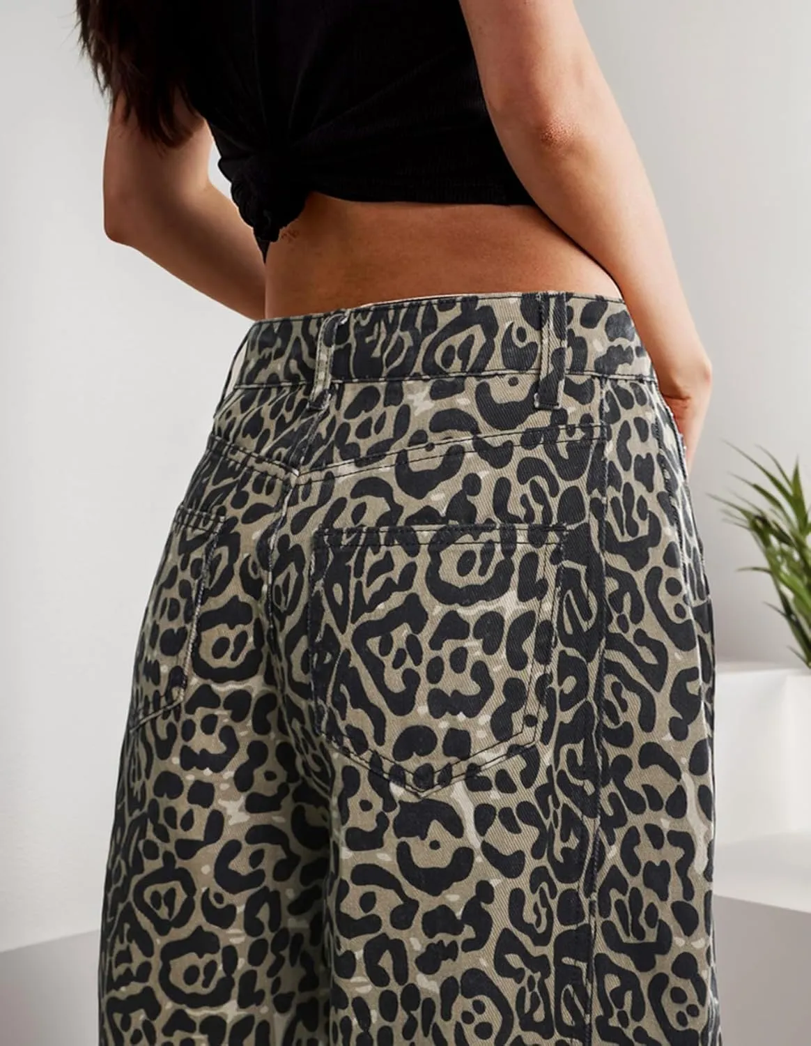 Kedera Women's Baggy Barrel Jeans Casual Boyfriend Mid Rise Leopard Printed Wide Leg Denim Ankle Pants