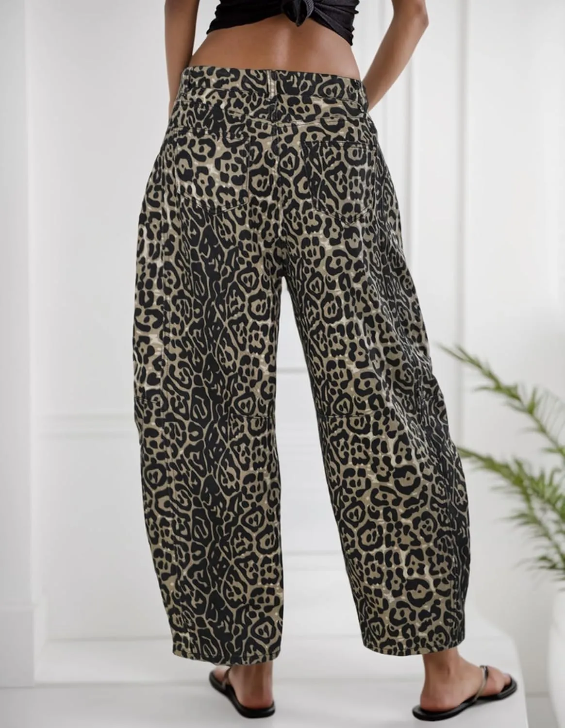 Kedera Women's Baggy Barrel Jeans Casual Boyfriend Mid Rise Leopard Printed Wide Leg Denim Ankle Pants