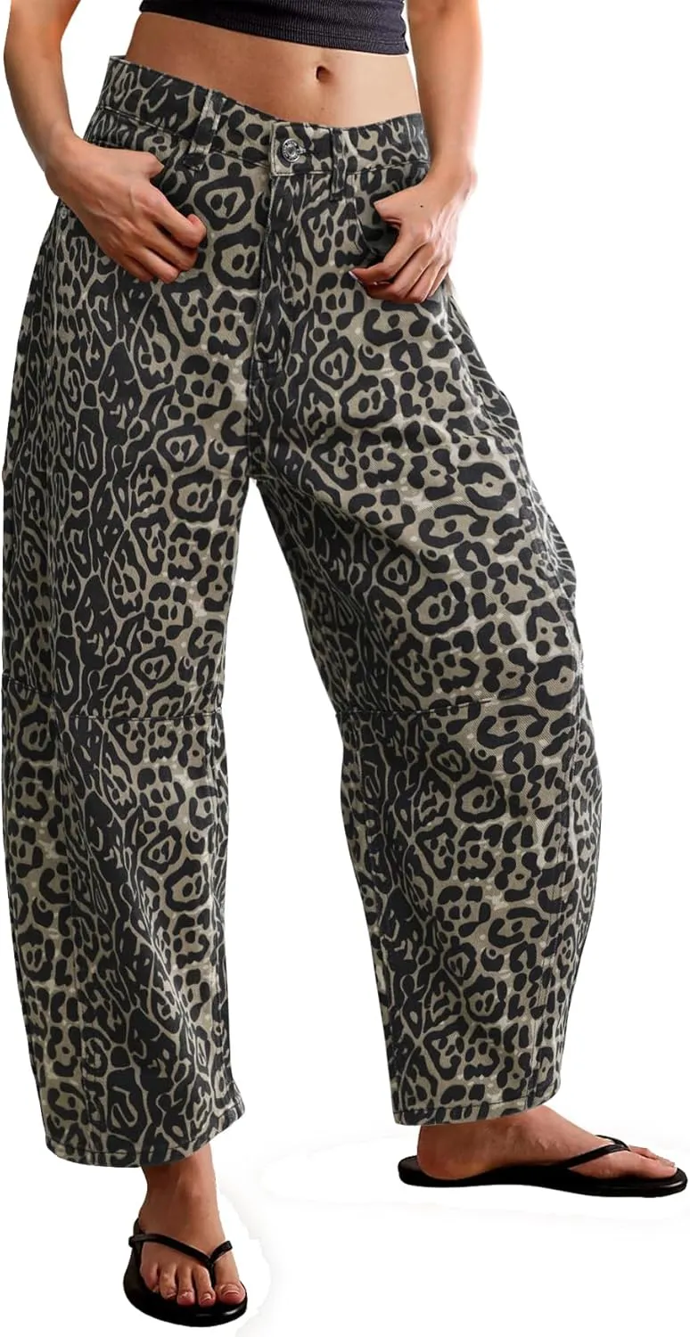 Kedera Women's Baggy Barrel Jeans Casual Boyfriend Mid Rise Leopard Printed Wide Leg Denim Ankle Pants