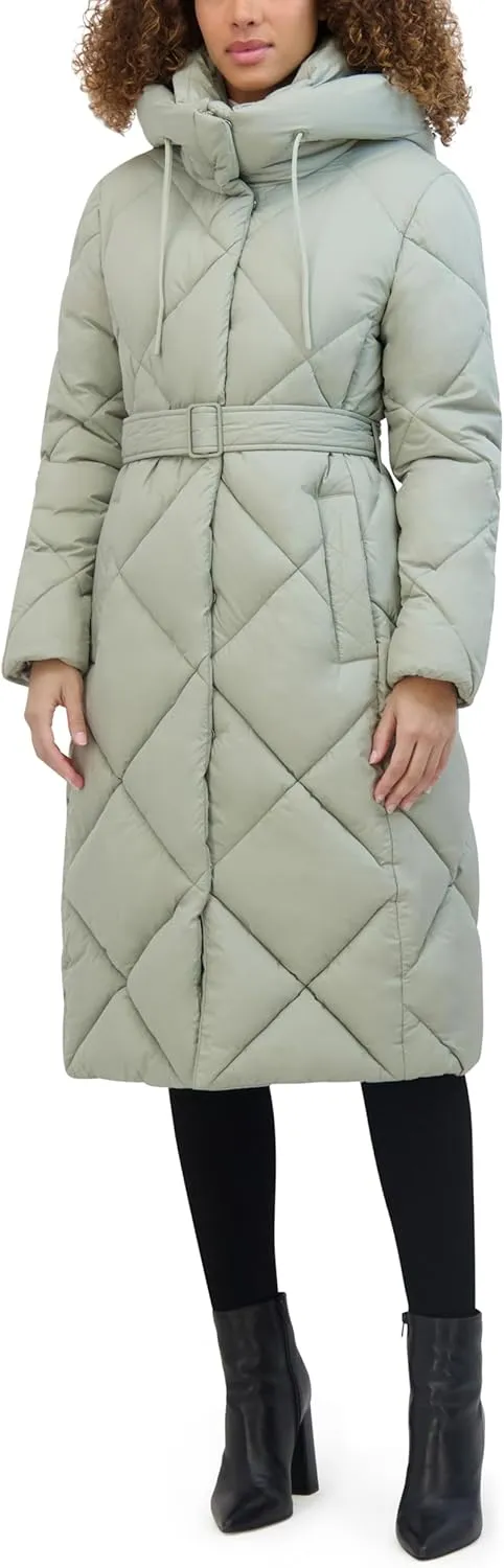 Kenneth Cole Women's Diamond Quilted Belted Puffer with Ultra Soft Plush Synthetic Fill