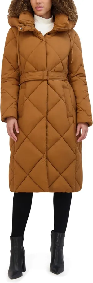 Kenneth Cole Women's Diamond Quilted Belted Puffer with Ultra Soft Plush Synthetic Fill