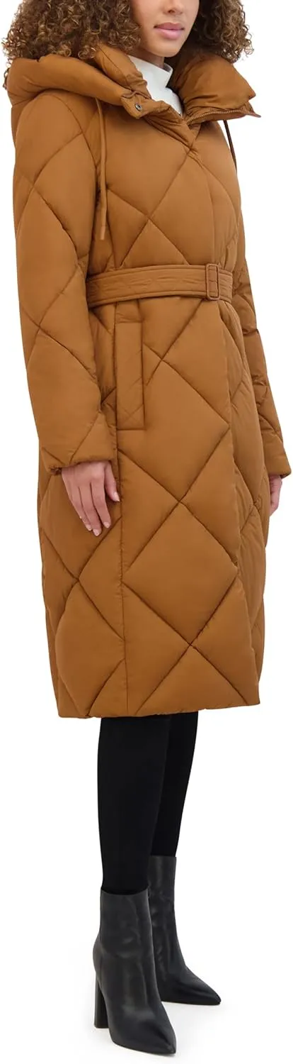 Kenneth Cole Women's Diamond Quilted Belted Puffer with Ultra Soft Plush Synthetic Fill