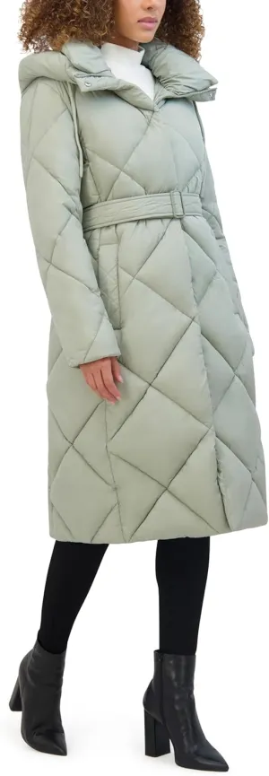 Kenneth Cole Women's Diamond Quilted Belted Puffer with Ultra Soft Plush Synthetic Fill