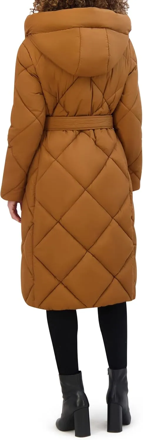 Kenneth Cole Women's Diamond Quilted Belted Puffer with Ultra Soft Plush Synthetic Fill