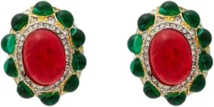 Kenneth Jay Lane Gold Faux Ruby and Emerald Gemstone Button Clip-On Earrings