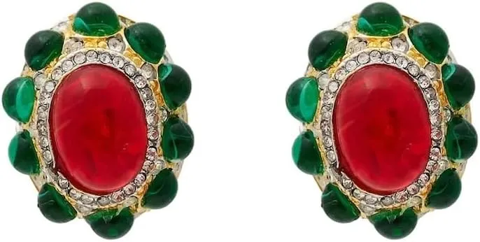 Kenneth Jay Lane Gold Faux Ruby and Emerald Gemstone Button Clip-On Earrings