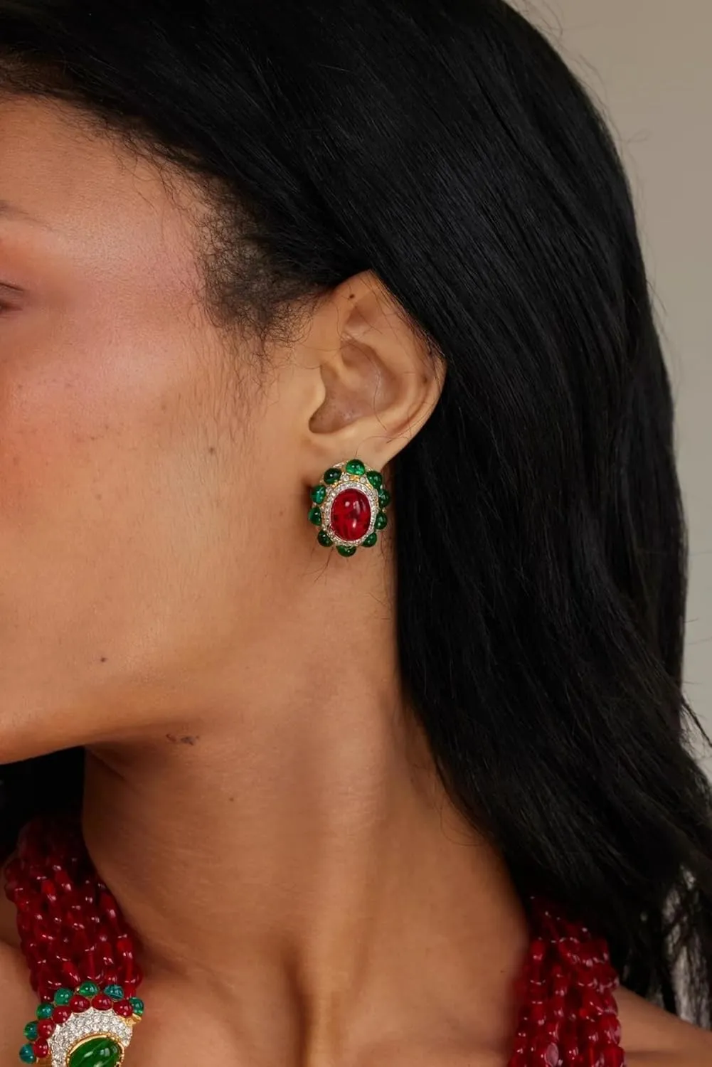 Kenneth Jay Lane Gold Faux Ruby and Emerald Gemstone Button Clip-On Earrings