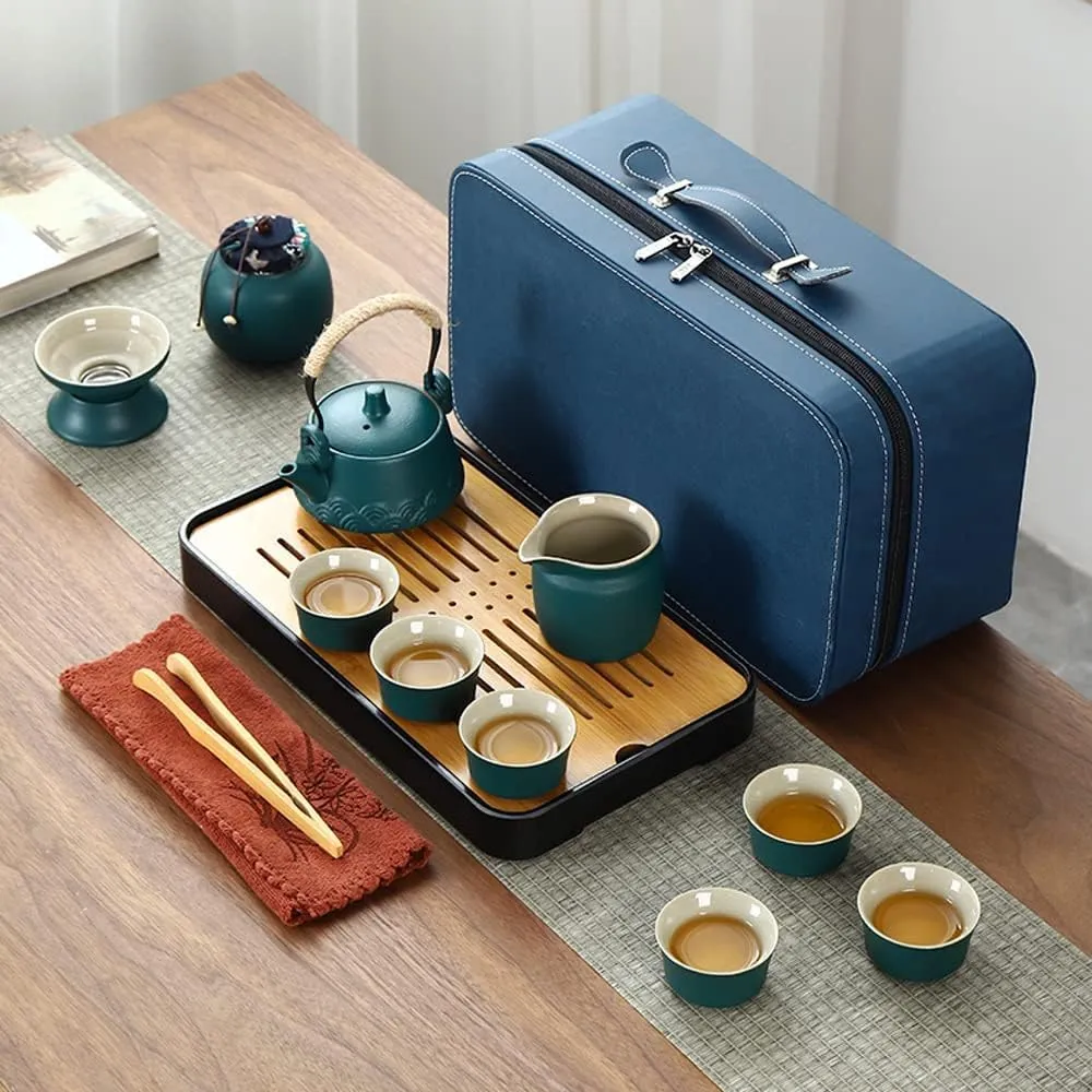 KEYDUACU Japanese Tea Set,China Kung Fu Tea Set, Asian Adult Tea Se, 6 Tea Cups, Portable Adult Tea Set,Ladies, Men Tea Lovers(Green)