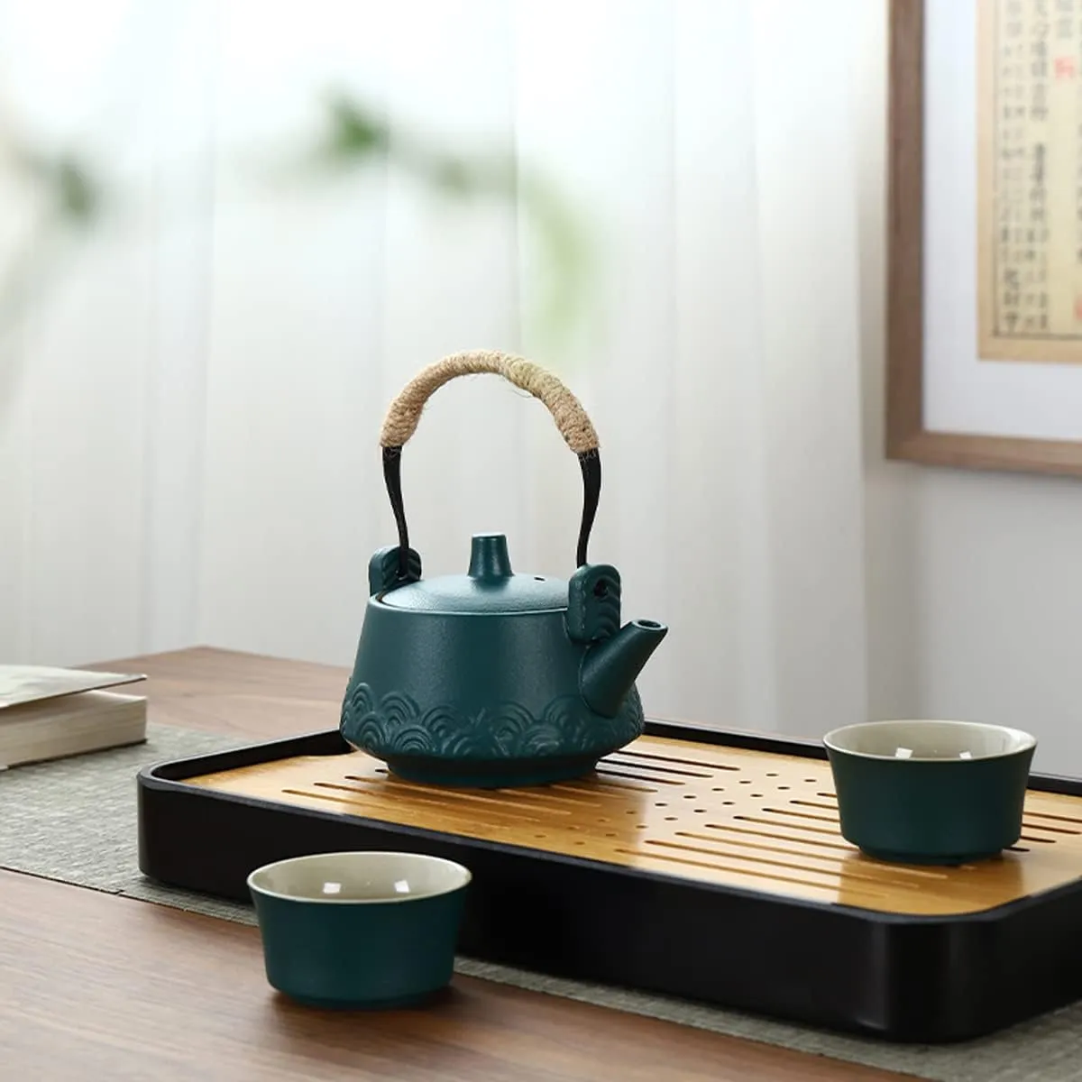 KEYDUACU Japanese Tea Set,China Kung Fu Tea Set, Asian Adult Tea Se, 6 Tea Cups, Portable Adult Tea Set,Ladies, Men Tea Lovers(Green)