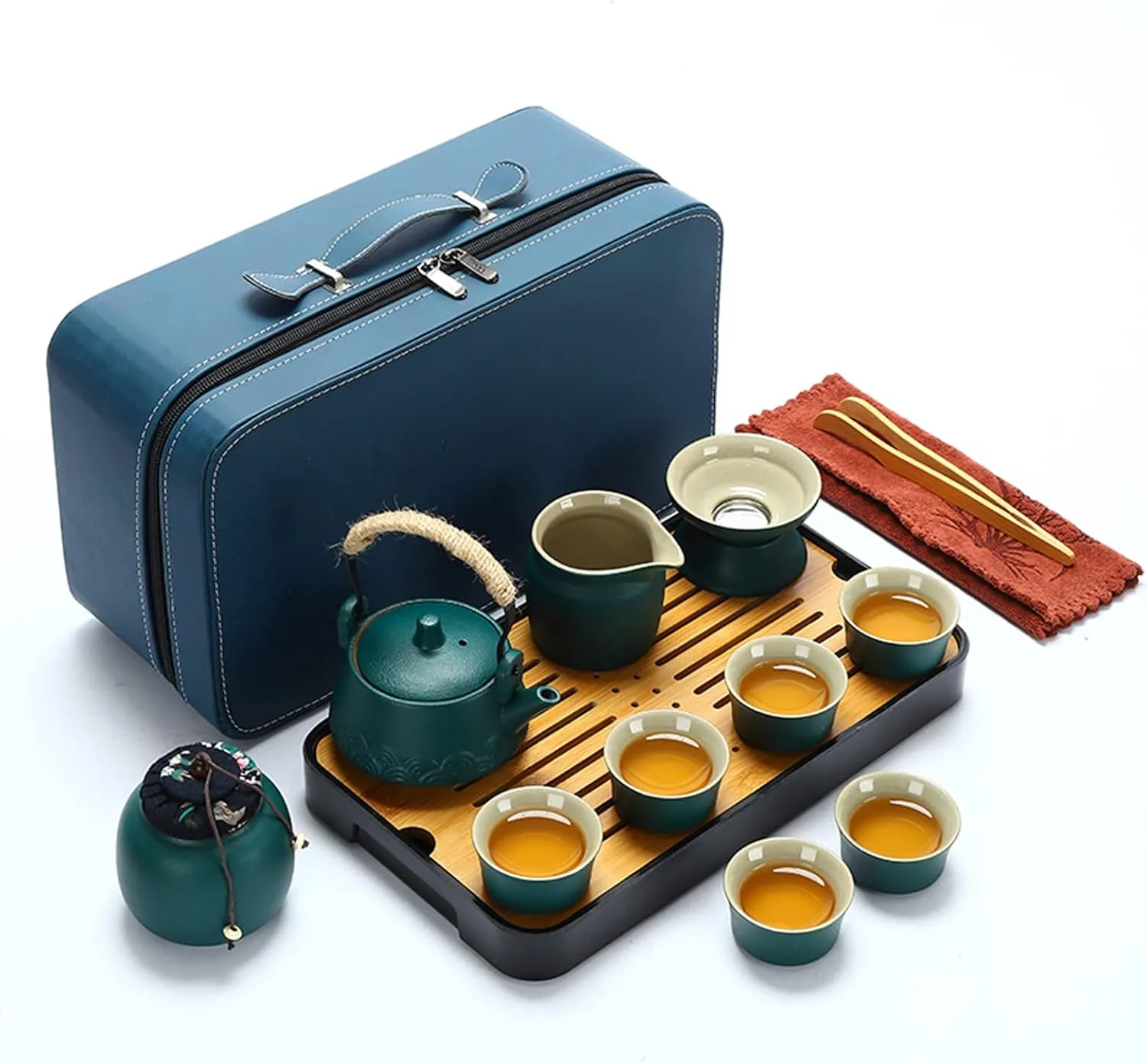 KEYDUACU Japanese Tea Set,China Kung Fu Tea Set, Asian Adult Tea Se, 6 Tea Cups, Portable Adult Tea Set,Ladies, Men Tea Lovers(Green)