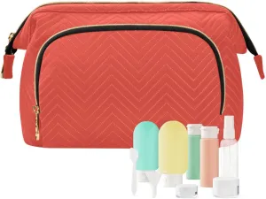 Kigai Plain Bright Red Solid Color Makeup Bag Cosmetic Bag for Women, Travel Toiletry Accessories Portable Storage Makeup Organizer with Zipper Closure