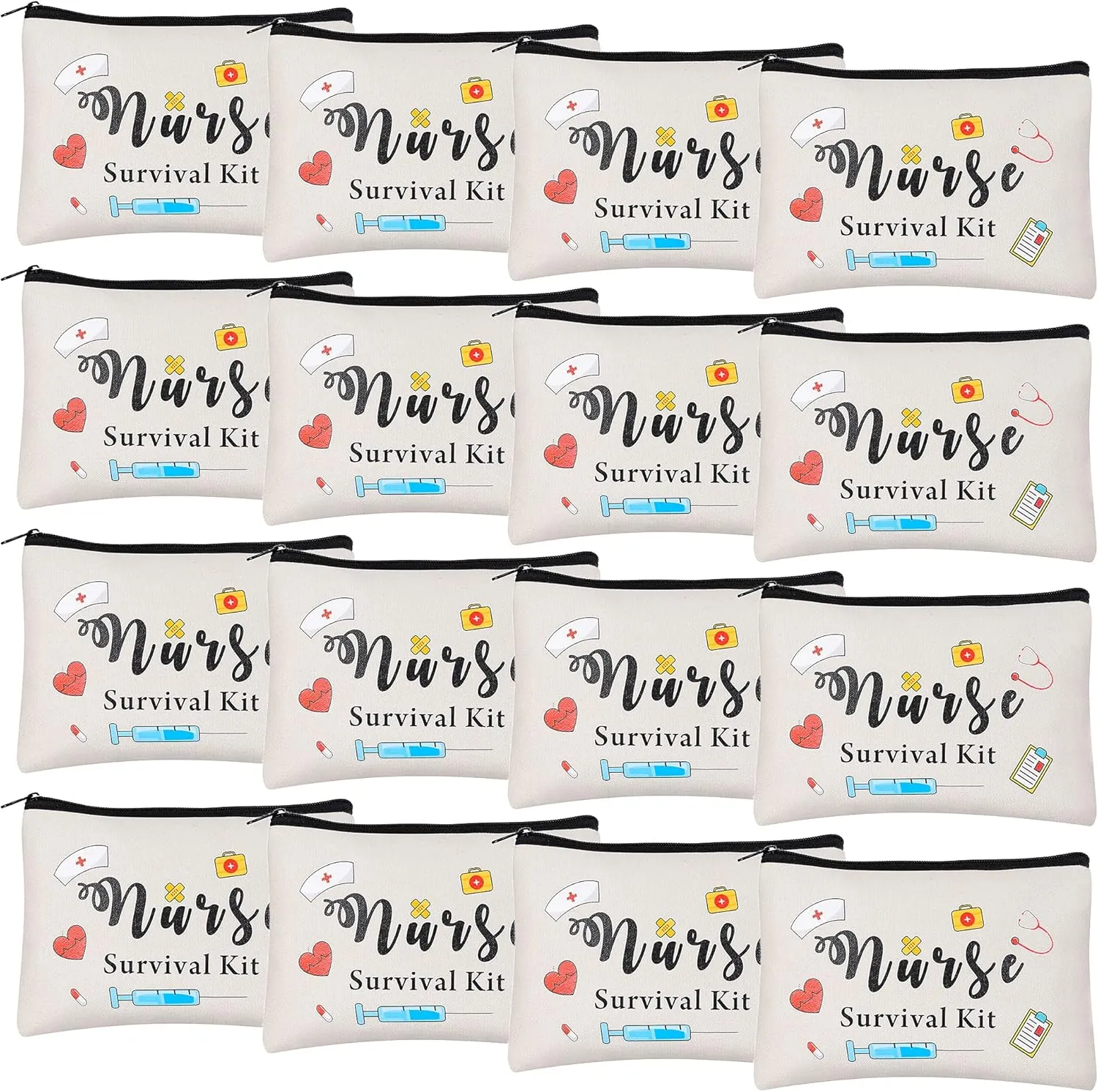 Kolewo4ever 16pc Nurse Appreciation Gifts: Nurse Survival Kit Cosmetic Bags - White, Waterproof, Polyester Cotton, Zipper Closure, Travel, Women's Cosmetic Case