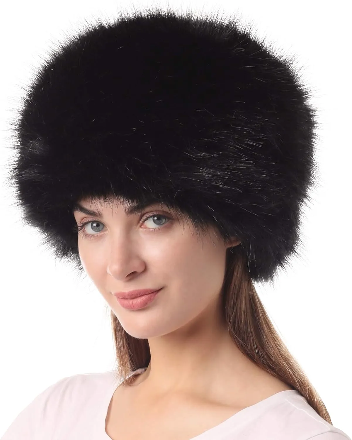 LA CARRIE Women's Faux Fur Hat for Winter with Stretch Cossack Russian Style White Warm Cap