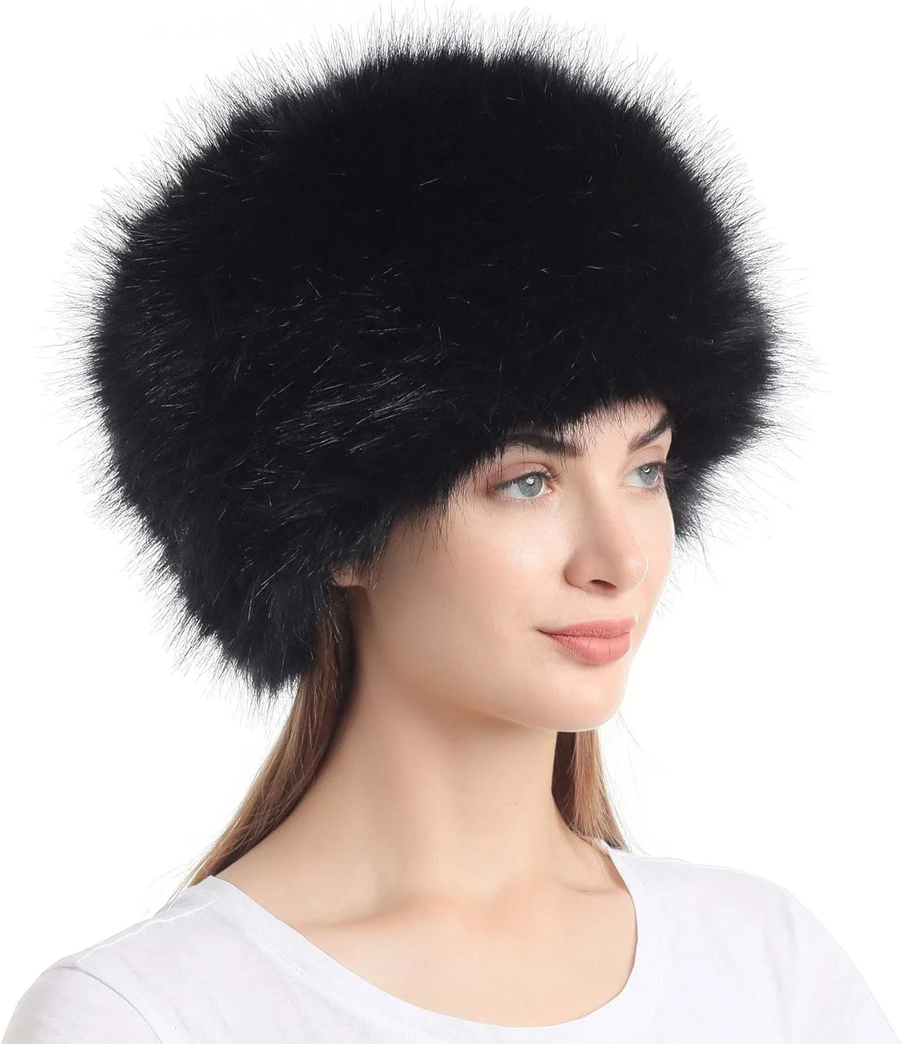 LA CARRIE Women's Faux Fur Hat for Winter with Stretch Cossack Russian Style White Warm Cap