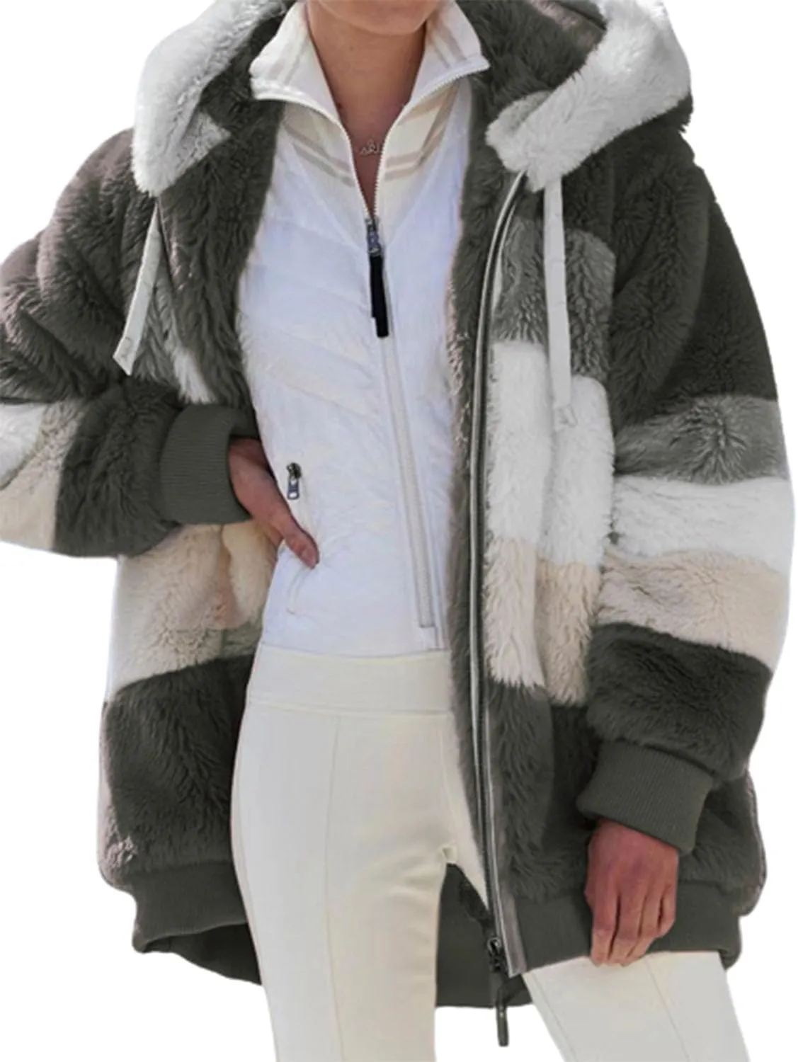 Lamb Wool Padded Coat, 2024 New Contrasting Lamb Wool Padded Coat, Fuzzy Winter Jacket With Pockets