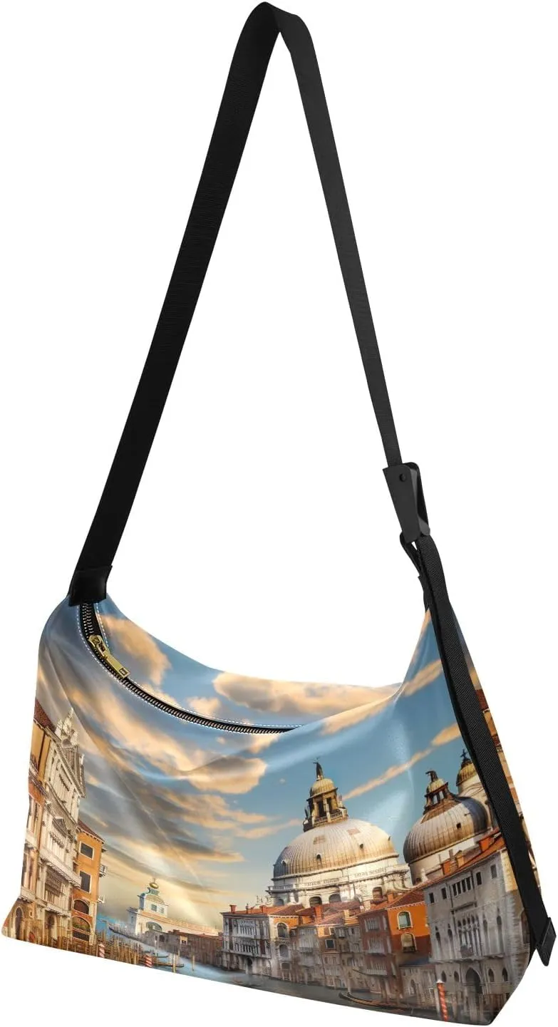 Large Blossoms Flowers Painted Hobo Bag with Zipper, Women's Shoulder Bags, Vegan Crossbody Bag