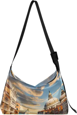 Large Blossoms Flowers Painted Hobo Bag with Zipper, Women's Shoulder Bags, Vegan Crossbody Bag