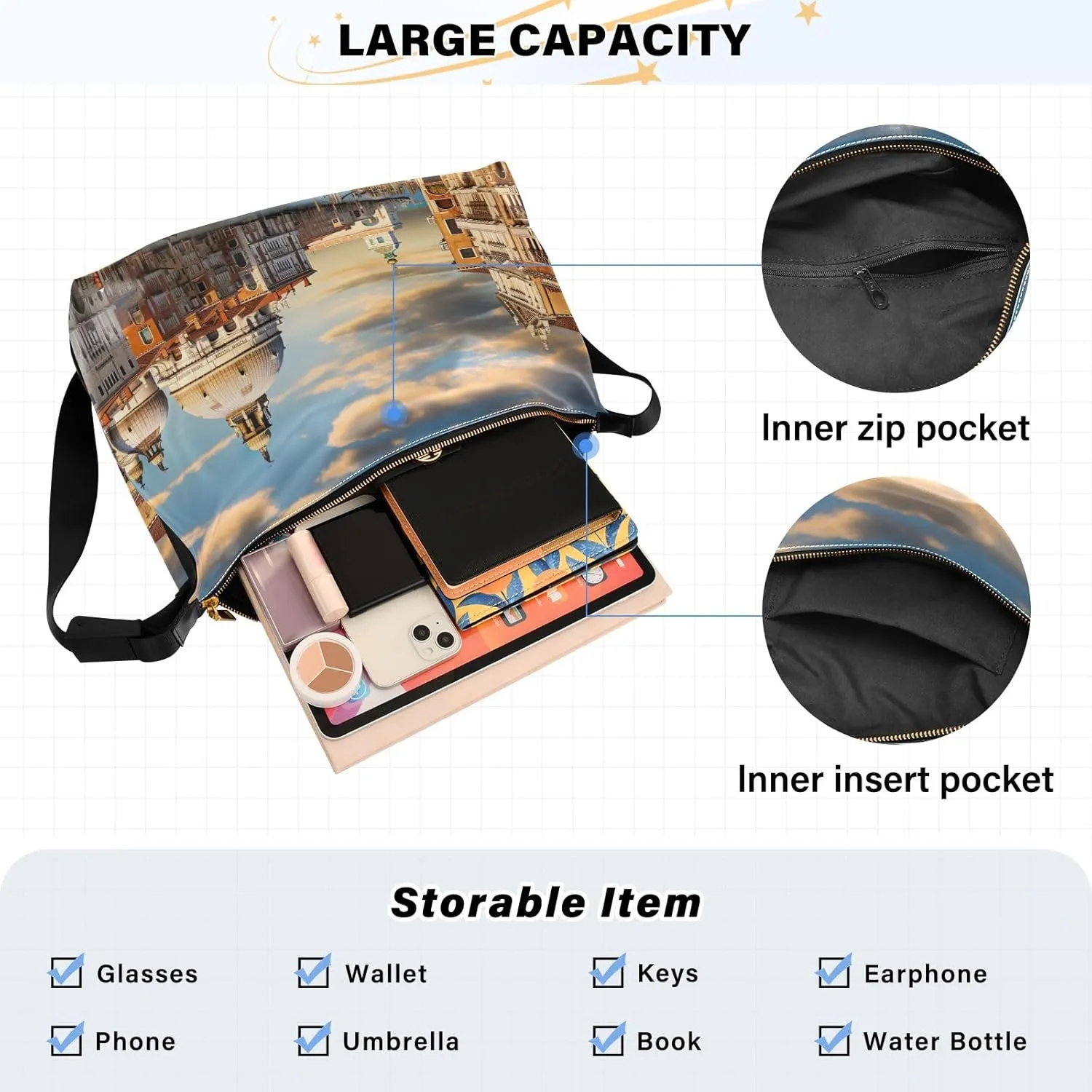 Large Blossoms Flowers Painted Hobo Bag with Zipper, Women's Shoulder Bags, Vegan Crossbody Bag
