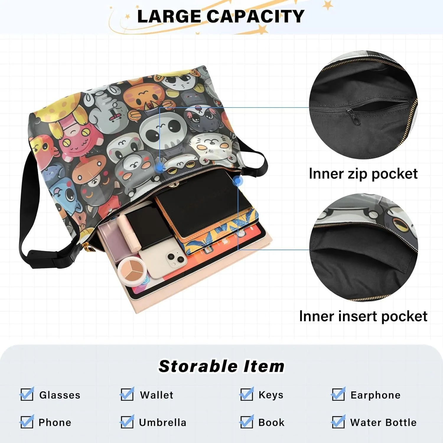 Large Capacity Crossbody Shoulder Bag Handbag Casual Tote Bag With Adjustable Strap Zipper For Men Women