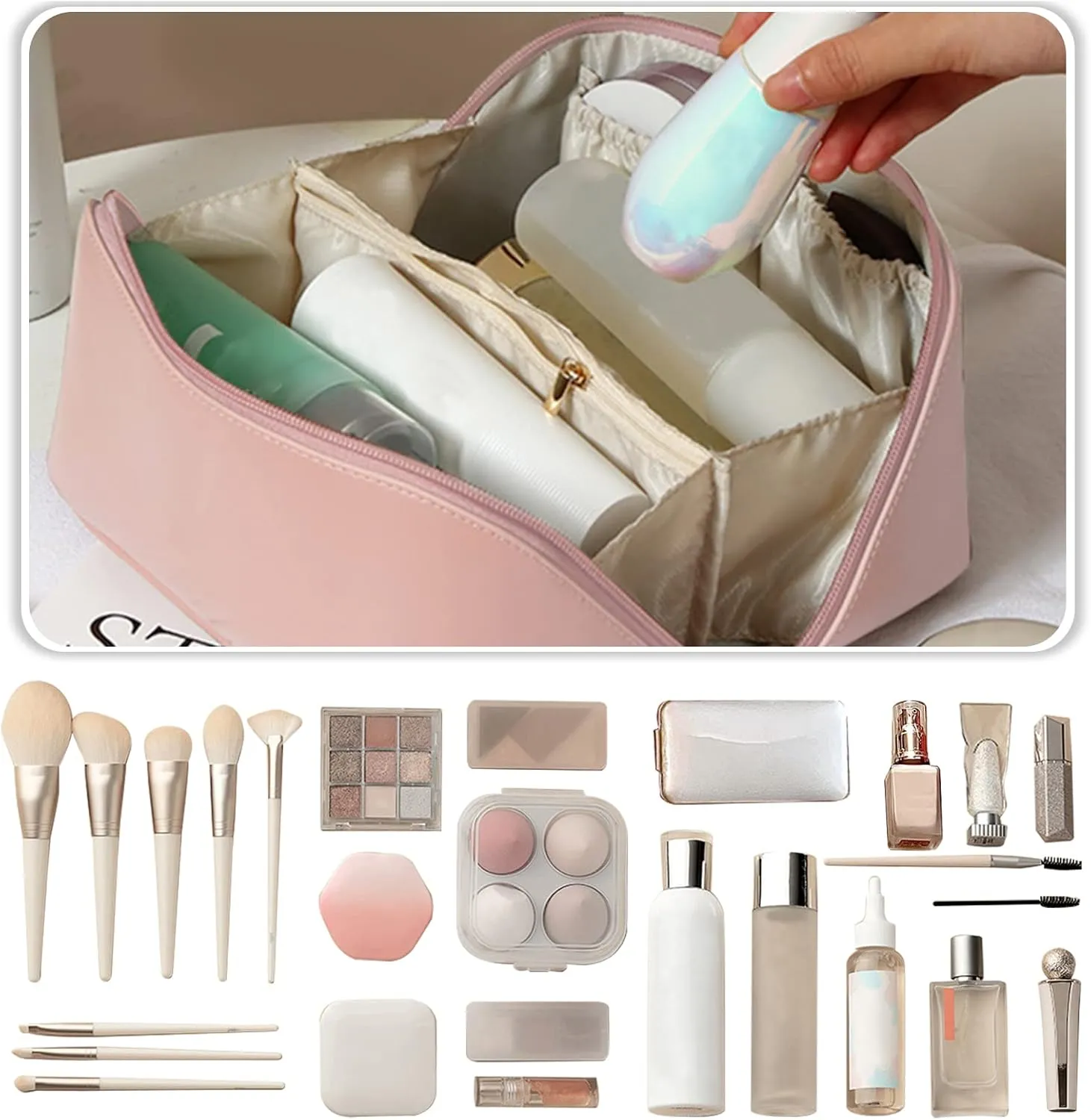 Large Capacity Travel Cosmetic Bag Make Up Bag with Handle and Zipper Multifunction Waterproof Toiletry Bag PU Travel Organiser Bag Wash Bag for Women Ladies Girls Black