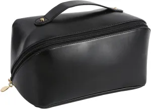 Large Capacity Travel Cosmetic Bag Make Up Bag with Handle and Zipper Multifunction Waterproof Toiletry Bag PU Travel Organiser Bag Wash Bag for Women Ladies Girls Black