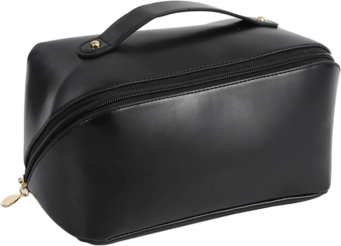 Large Capacity Travel Cosmetic Bag Make Up Bag with Handle and Zipper Multifunction Waterproof Toiletry Bag PU Travel Organiser Bag Wash Bag for Women Ladies Girls Black