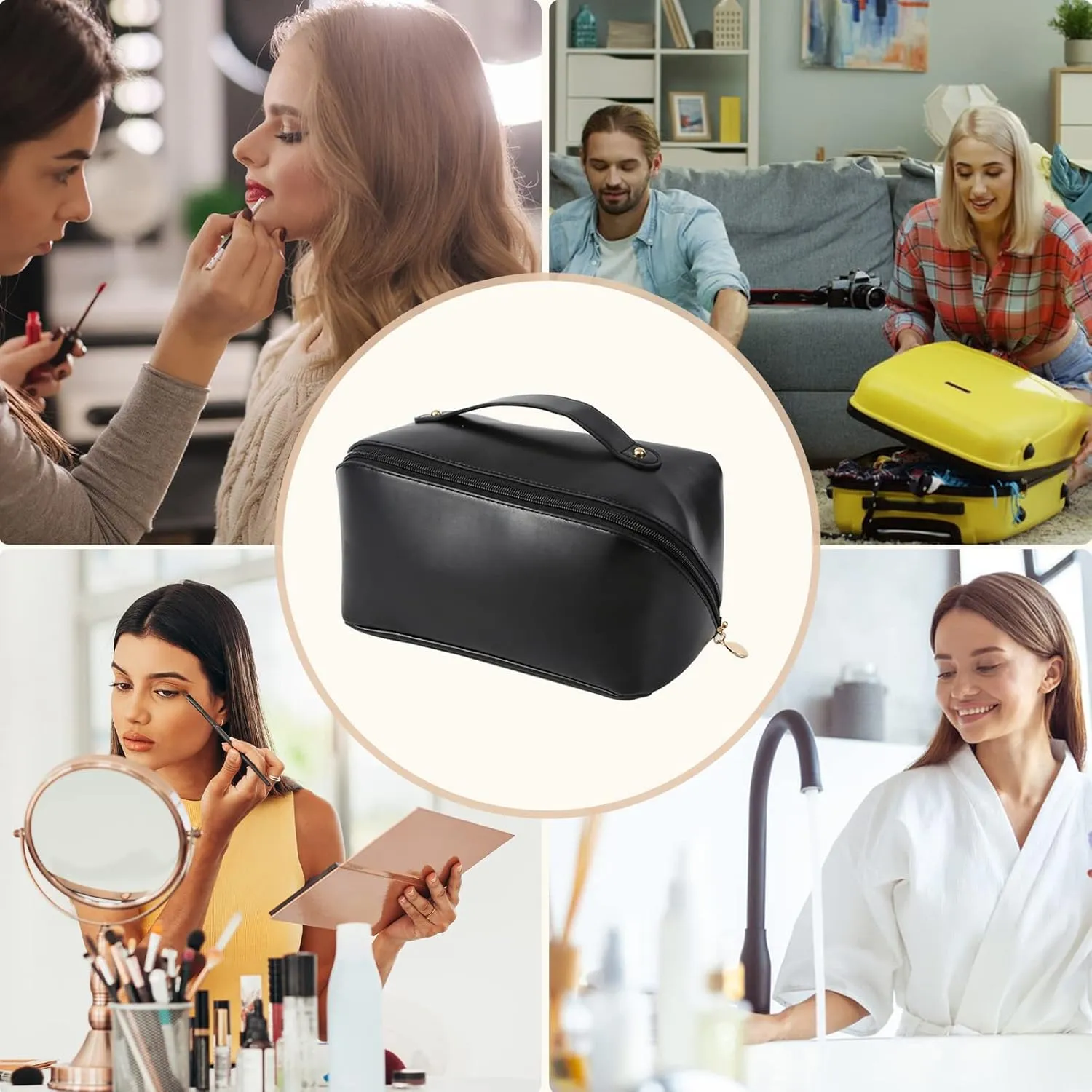 Large Capacity Travel Cosmetic Bag Make Up Bag with Handle and Zipper Multifunction Waterproof Toiletry Bag PU Travel Organiser Bag Wash Bag for Women Ladies Girls Black