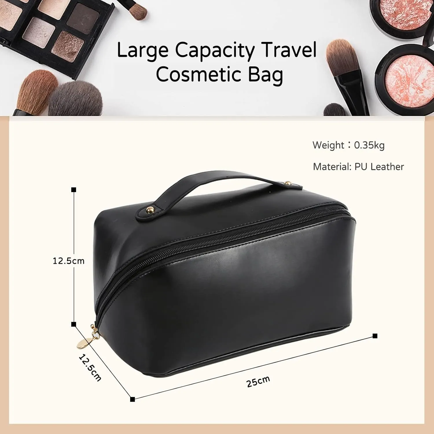 Large Capacity Travel Cosmetic Bag Make Up Bag with Handle and Zipper Multifunction Waterproof Toiletry Bag PU Travel Organiser Bag Wash Bag for Women Ladies Girls Black