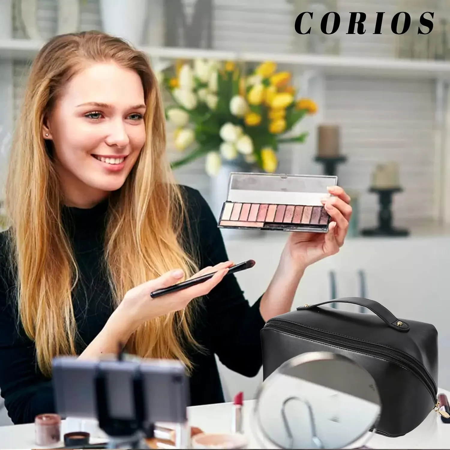 Large Capacity Travel Cosmetic Bag Make Up Bag with Handle and Zipper Multifunction Waterproof Toiletry Bag PU Travel Organiser Bag Wash Bag for Women Ladies Girls Black