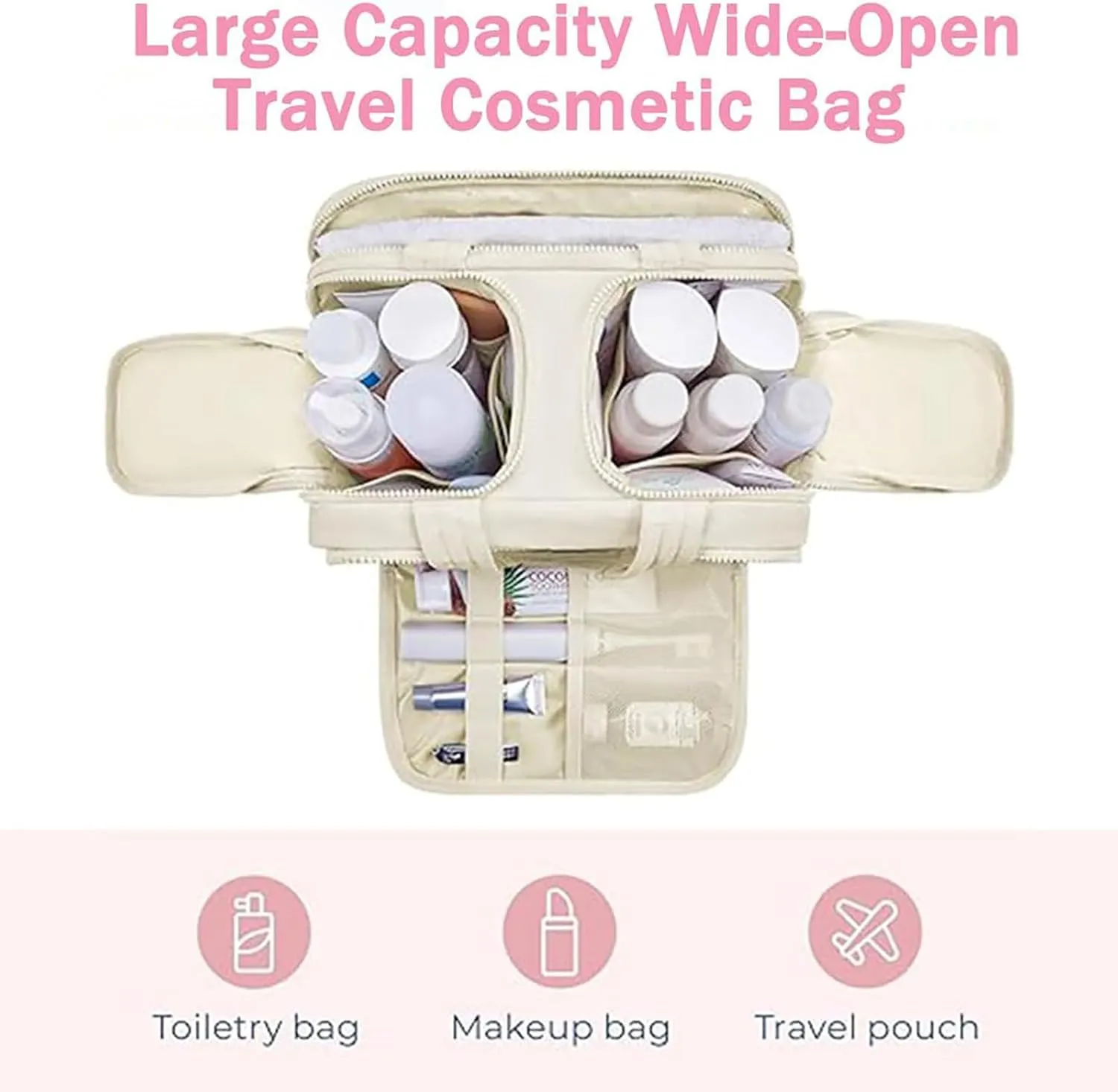Large Capacity Wide-Open Travel Cosmetic Bag, Travel Cosmetic Bag, Waterproof Portable, Dry-And-Wet Separation, Open Flat makeup Make Up Bags for Women with Divider and Handle (Pink)