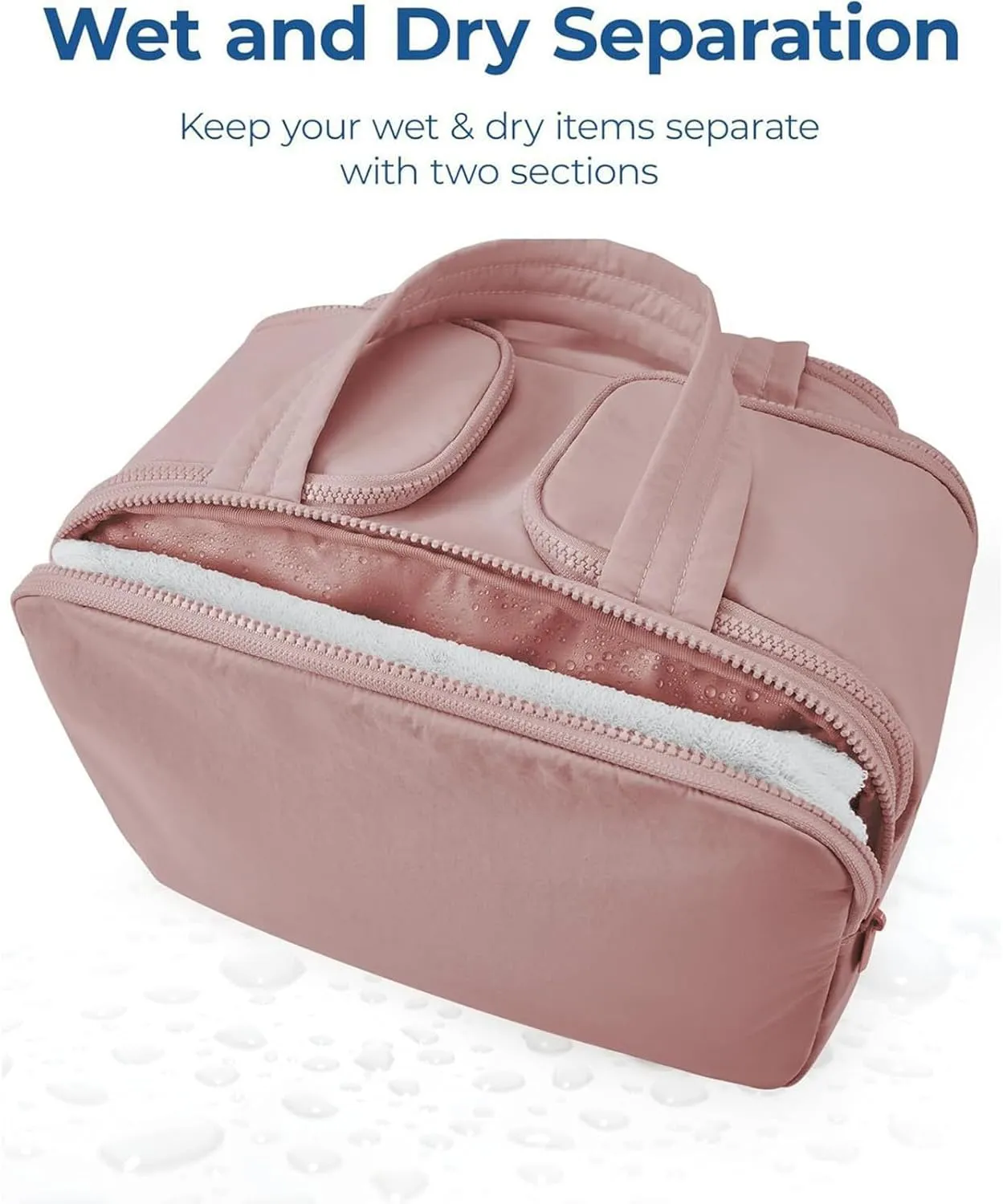 Large Capacity Wide-Open Travel Cosmetic Bag, Travel Cosmetic Bag, Waterproof Portable, Dry-And-Wet Separation, Open Flat makeup Make Up Bags for Women with Divider and Handle (Pink)