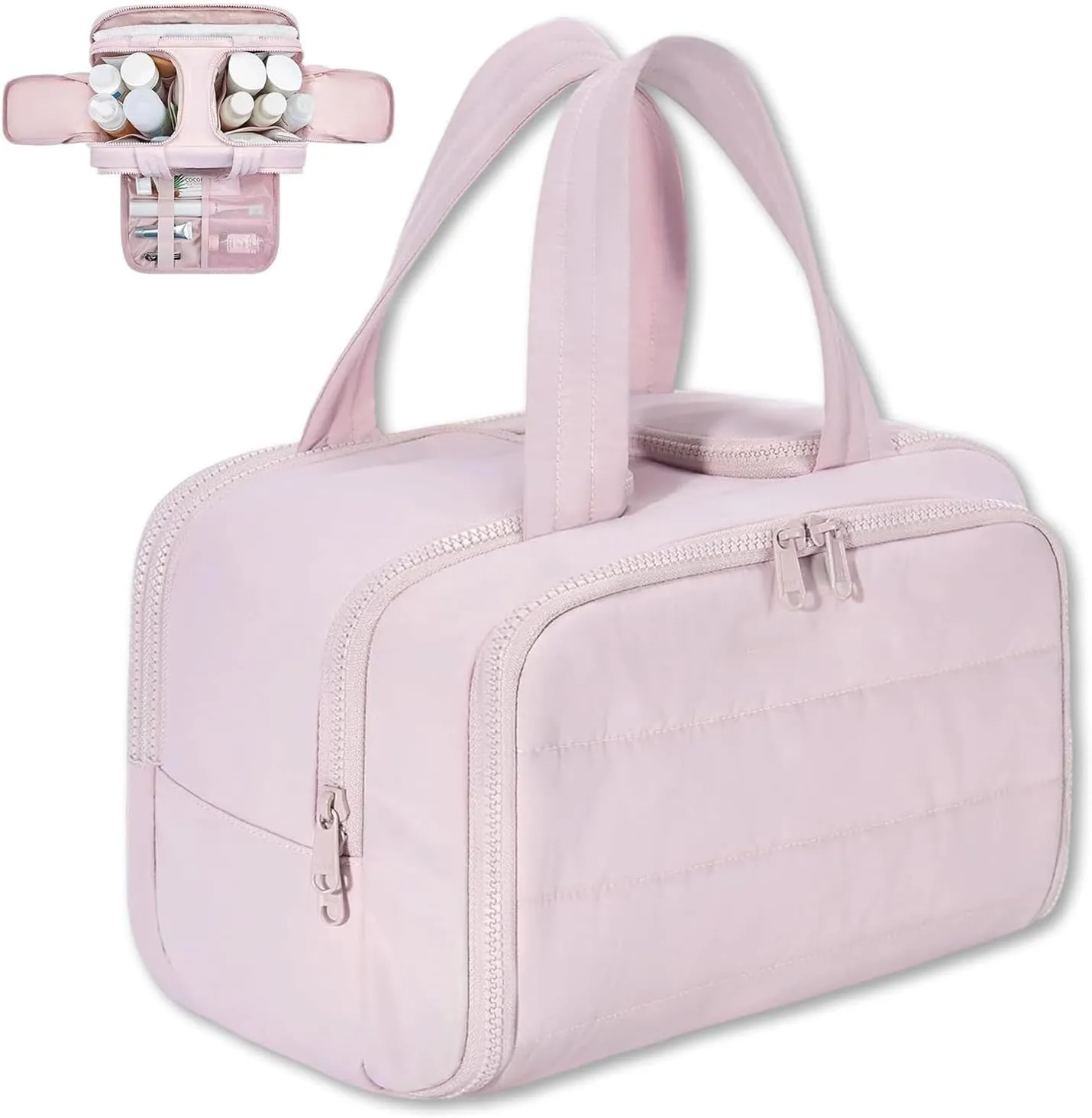 Large Capacity Wide-Open Travel Cosmetic Bag, Travel Cosmetic Bag, Waterproof Portable, Dry-And-Wet Separation, Open Flat makeup Make Up Bags for Women with Divider and Handle (Pink)