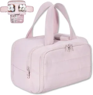 Large Capacity Wide-Open Travel Cosmetic Bag, Travel Cosmetic Bag, Waterproof Portable, Dry-And-Wet Separation, Open Flat makeup Make Up Bags for Women with Divider and Handle (Pink)