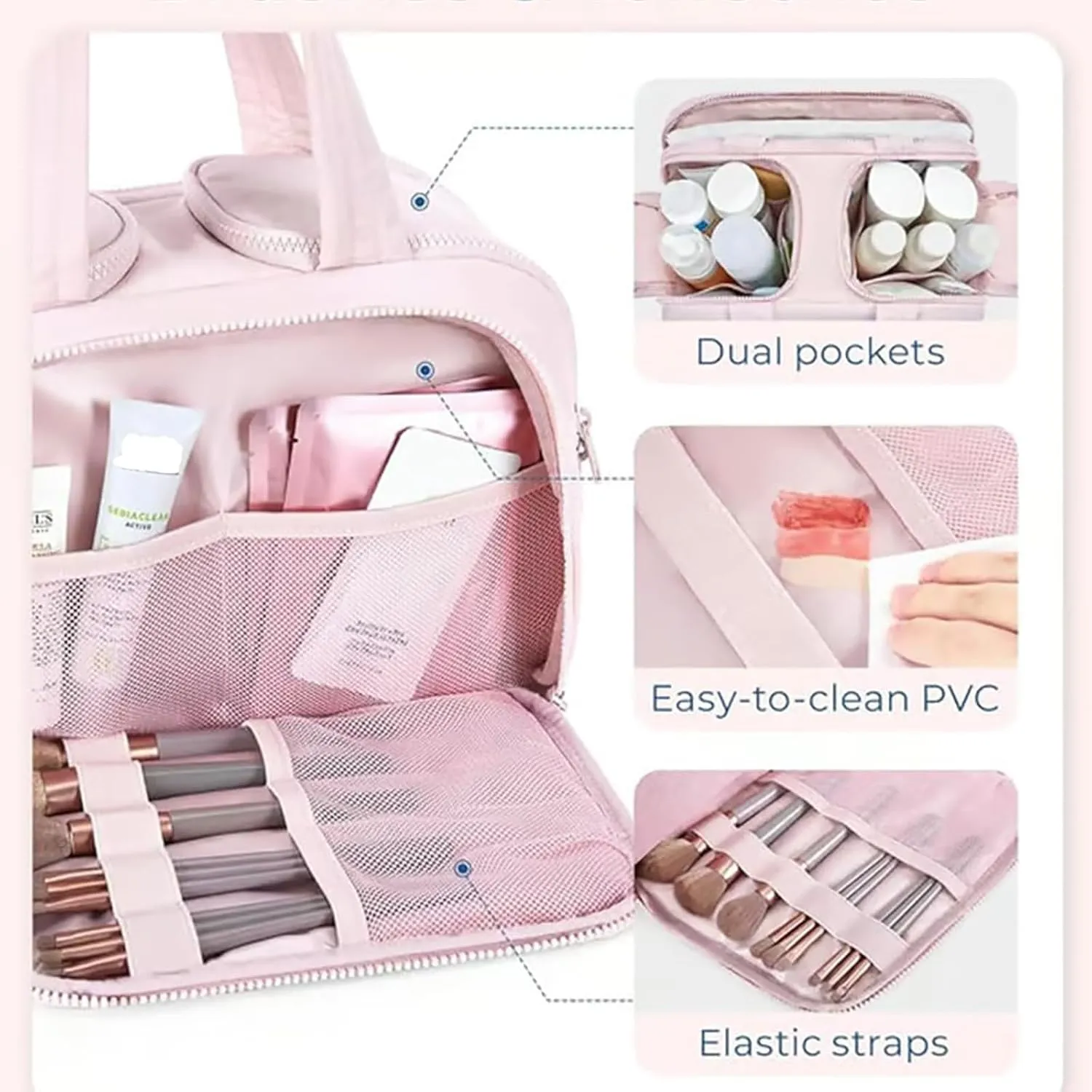 Large Capacity Wide-Open Travel Cosmetic Bag, Travel Cosmetic Bag, Waterproof Portable, Dry-And-Wet Separation, Open Flat makeup Make Up Bags for Women with Divider and Handle (Pink)