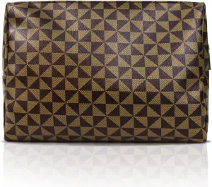 Large Checkered Makeup Bag - Retro Leather Cosmetic Pouch for Women - Waterproof Toiletry Travel Bag - Great Gift for Girlfriend, Wife, or Mother