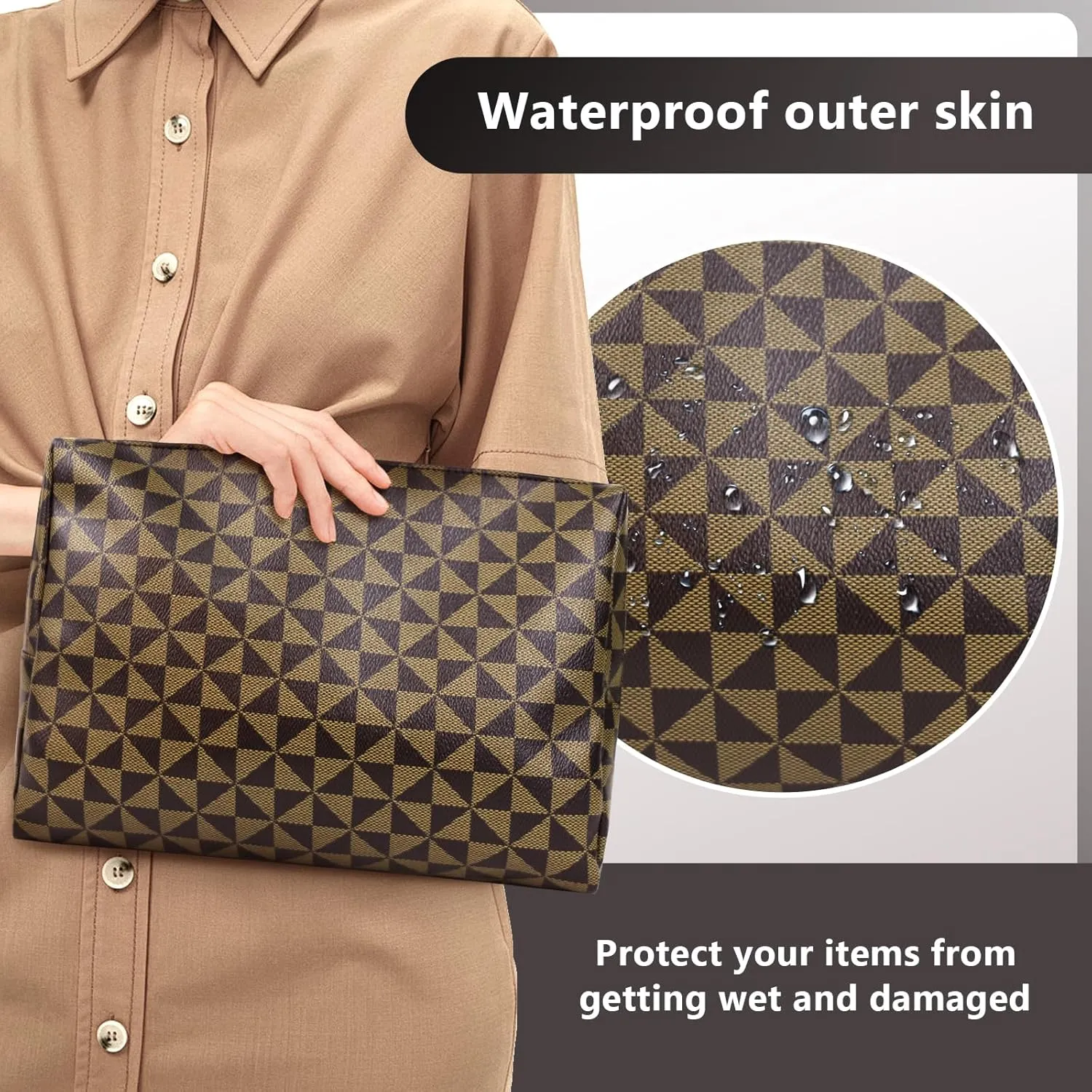 Large Checkered Makeup Bag - Retro Leather Cosmetic Pouch for Women - Waterproof Toiletry Travel Bag - Great Gift for Girlfriend, Wife, or Mother