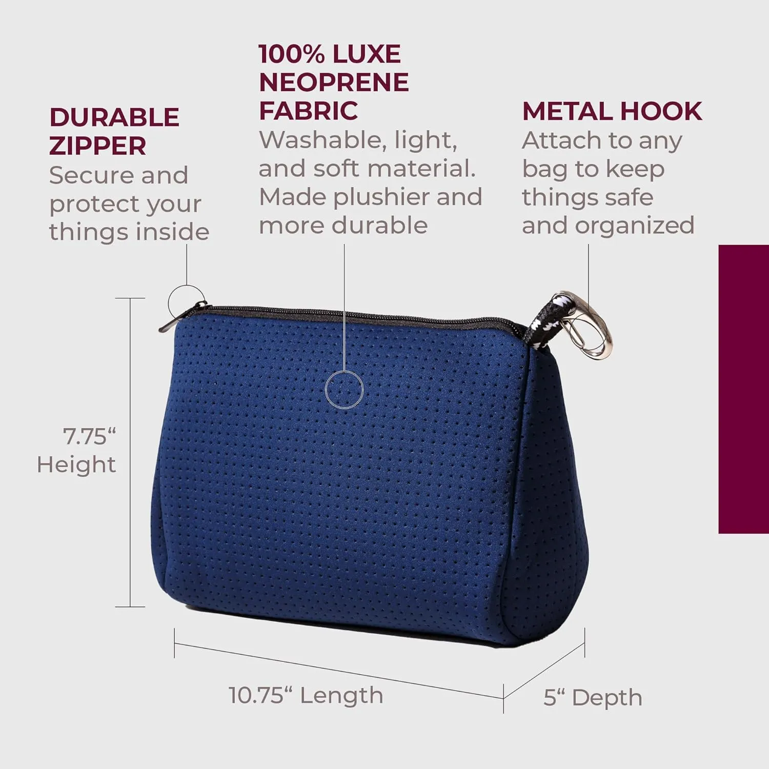 Large Makeup Bag with Zipper, Deep Blue - Waterproof Neoprene Cosmetic Bag 7.7 x 10.75 x 5 inches