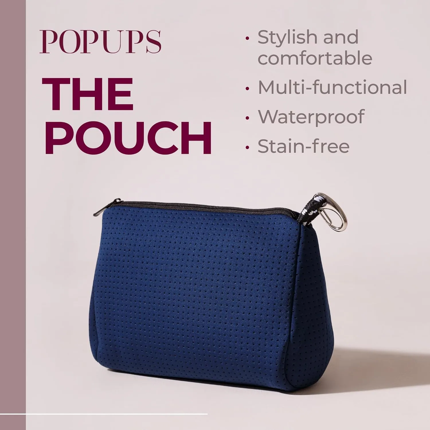 Large Makeup Bag with Zipper, Deep Blue - Waterproof Neoprene Cosmetic Bag 7.7 x 10.75 x 5 inches