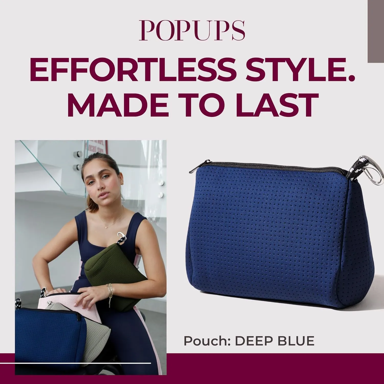 Large Makeup Bag with Zipper, Deep Blue - Waterproof Neoprene Cosmetic Bag 7.7 x 10.75 x 5 inches