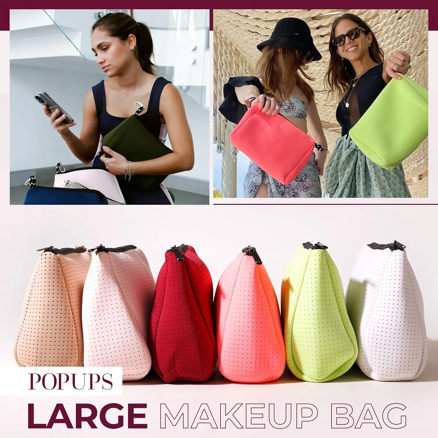 Large Makeup Bag with Zipper, Deep Blue - Waterproof Neoprene Cosmetic Bag 7.7 x 10.75 x 5 inches