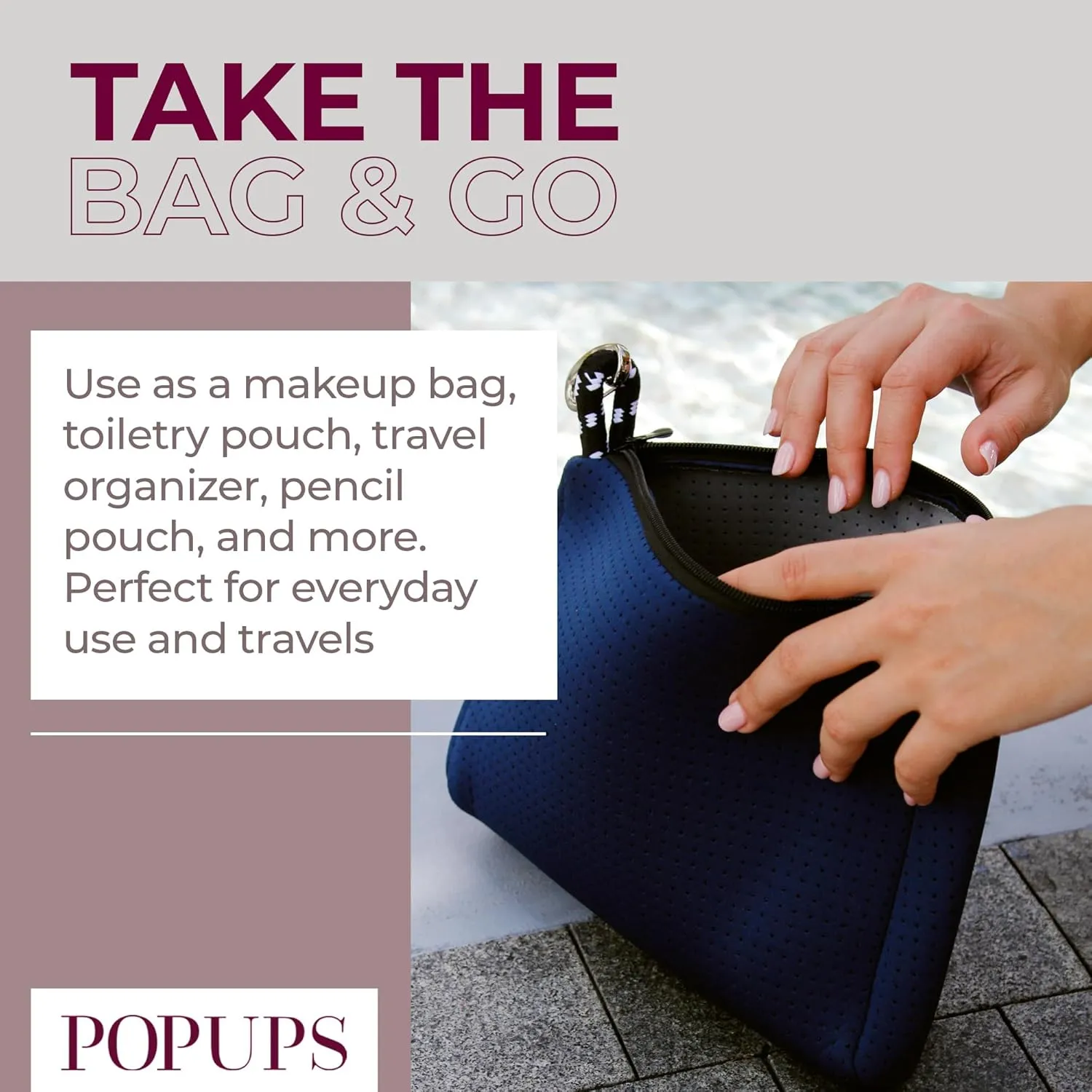 Large Makeup Bag with Zipper, Deep Blue - Waterproof Neoprene Cosmetic Bag 7.7 x 10.75 x 5 inches
