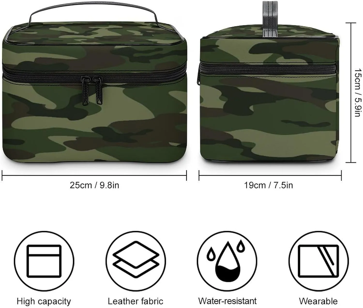 Large Women Wash Bag, Cosmetic Organizer Train Toiletry Storage Case Holder Zipper Makeup Bag Pouch 9.8x7.5x5.9 in Print Abstract Camouflage for Hunting in Green Brown Black Style
