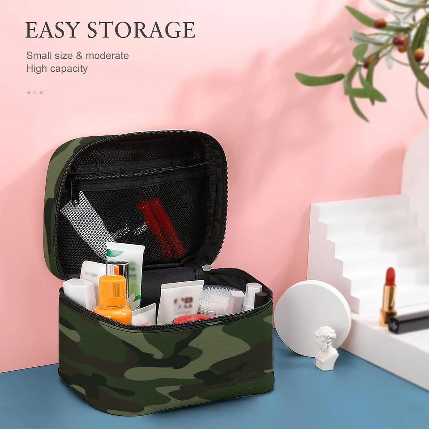 Large Women Wash Bag, Cosmetic Organizer Train Toiletry Storage Case Holder Zipper Makeup Bag Pouch 9.8x7.5x5.9 in Print Abstract Camouflage for Hunting in Green Brown Black Style