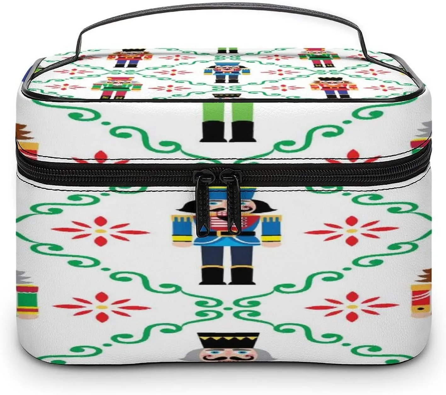 Large Women Wash Bag, Cosmetic Organizer Train Toiletry Storage Case Holder Zipper Makeup Bag Pouch 9.8x7.5x5.9 in Print Colorful Christmas Nutcrackers Seamless Soldier Figurines on White